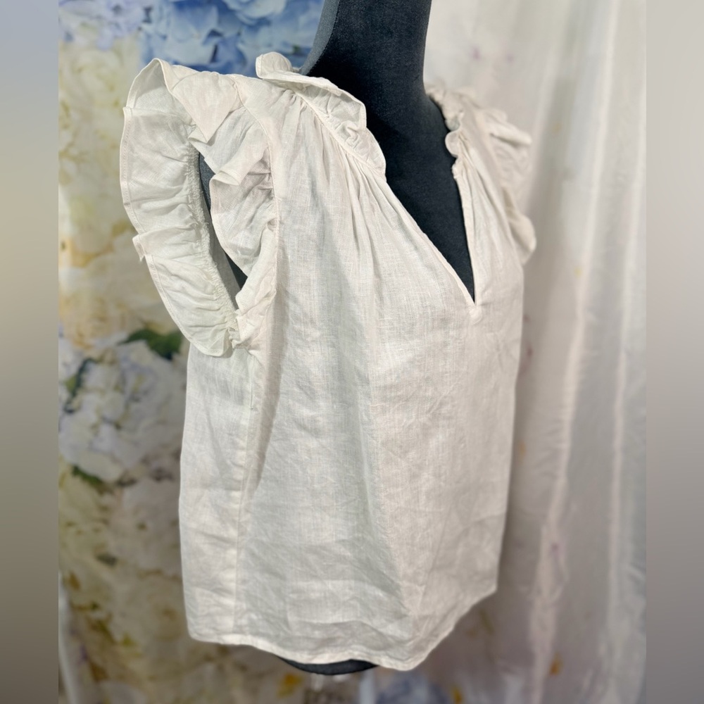 Olivaceous Cream Ruffle linen Blouse cap ruffle sleeve v neck coastal - Picture 3 of 9